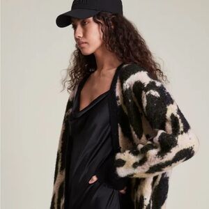 All Saints Lunar Black and Cream Animal Print Patterned Wool Blend Cardigan, M